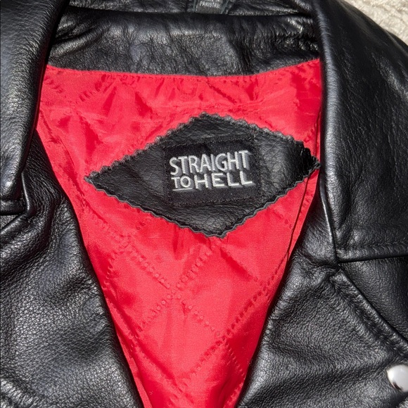 SOLD  Straight To Hell Black Biker Jacket with Red Lining - Picture 2 of 5